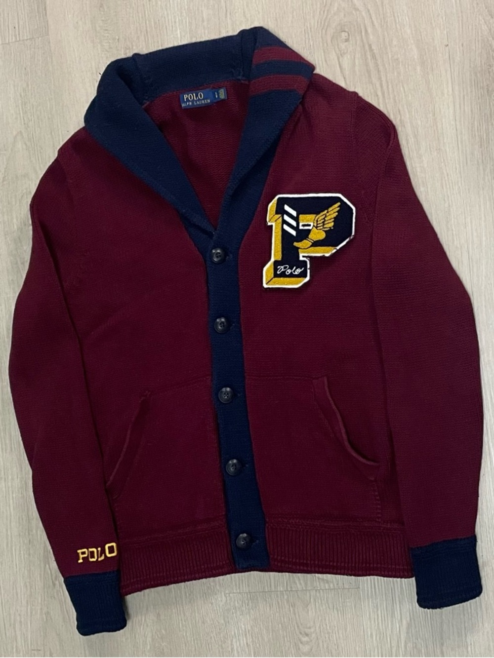 WORN Polo by Ralph Lauren Varsity P Wing Letterman Shawl Collar Cardigan Sweater
